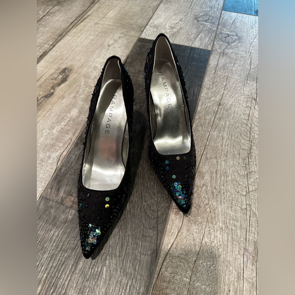 NWOT Rampage Gorgeous Black with Multicolor Sequin High Heel Pointed Shoes - Picture 3 of 17